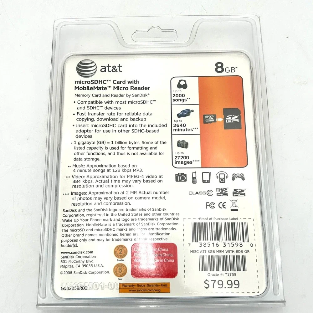 NEW AT&T SanDisk 8GB MicroSDHC Memory Card with MobileMate Micro Reader